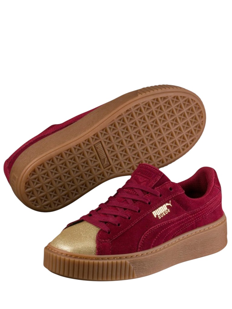 [263SUEDEPLATFORMGLAMGT4-7] Women's Burgundy Suede Platform Sneakers with Gold Toe Cap (7)