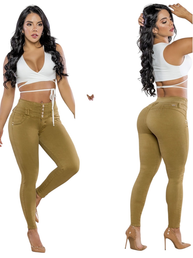 Jeans Levantacola Skinny Mostaza Oscuro con Faja Interna