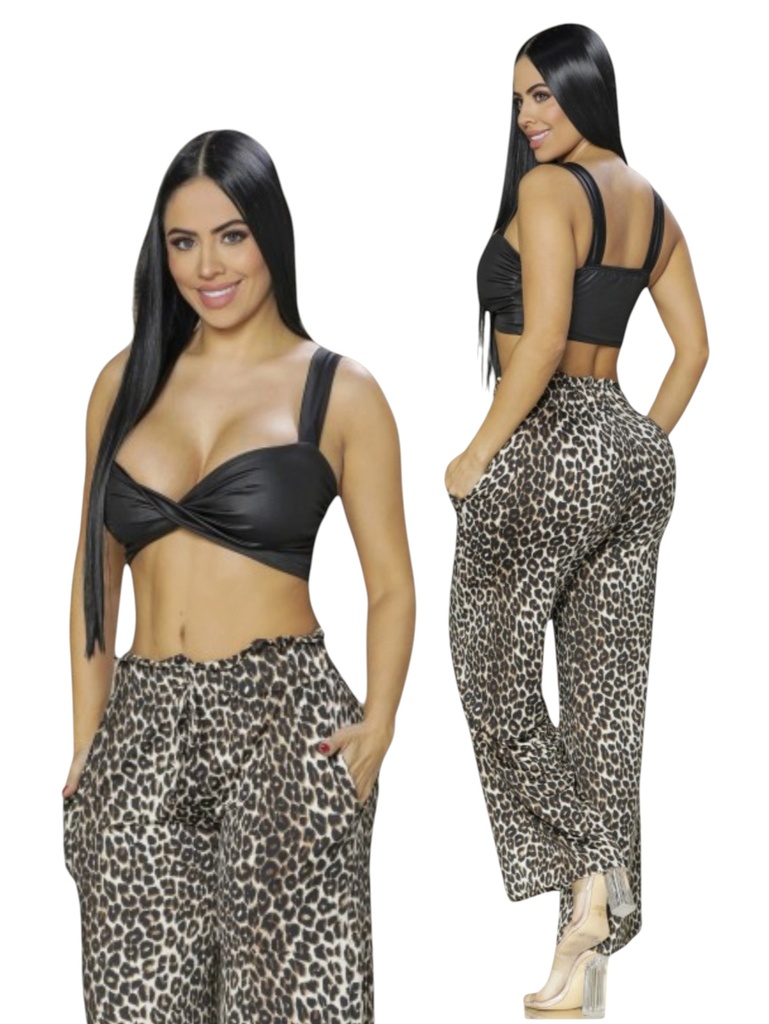 [3311445-3203] Pantalón Pierna Ancha con Cordón Estampado Leopardo para Mujer 1445-32 (3)