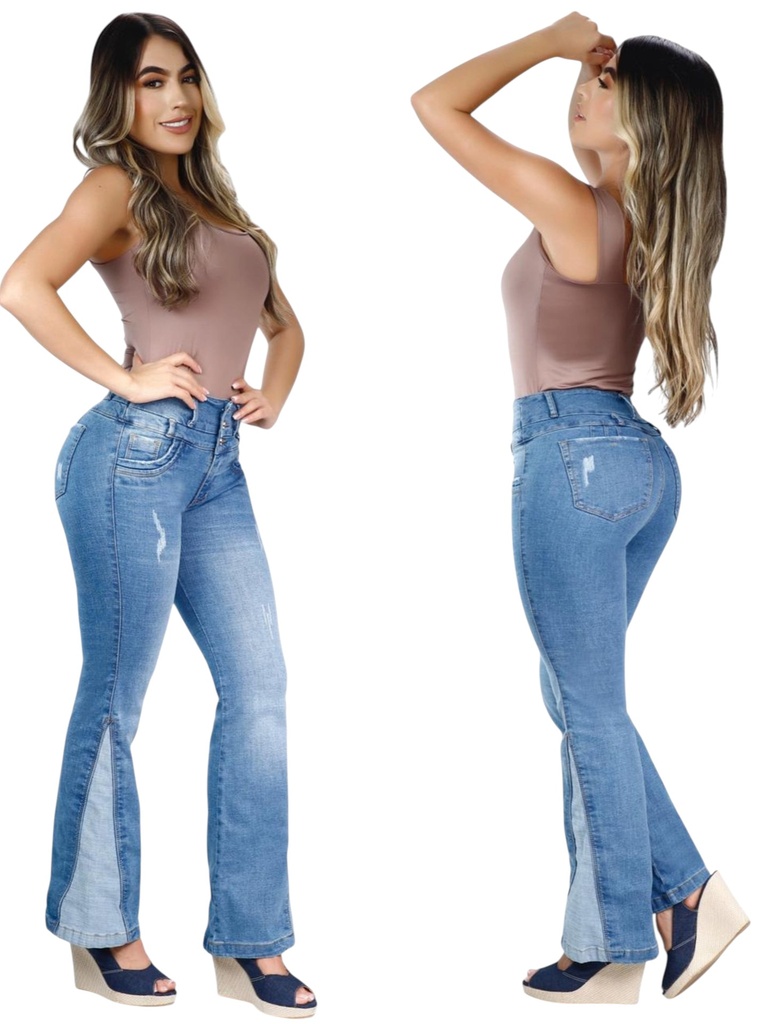 [360772605] Jeans Flare Panel Lateral Levantacola Lavado Claro para Mujer 7726 (5)