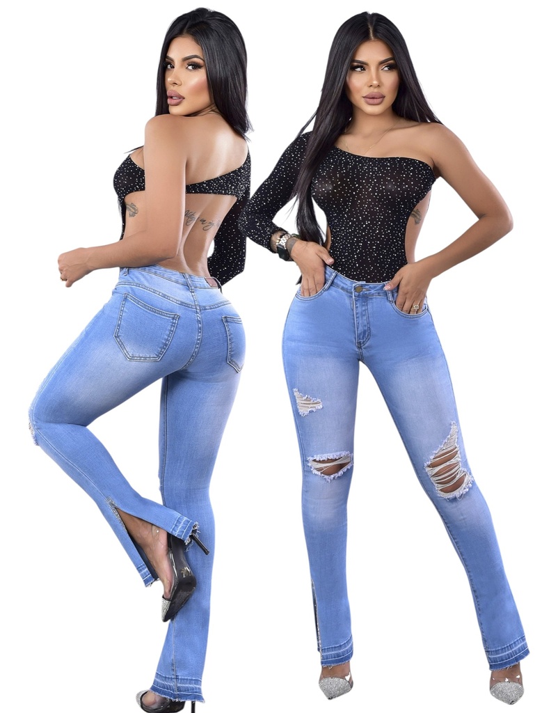 Jeans Levantacola Skinny Azul Claro Rasgados Tiro Alto para Mujer