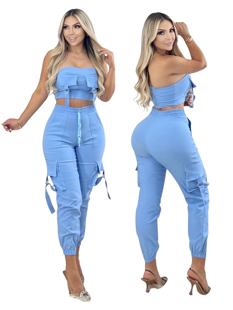 [37723012S/M] Conjunto de 2 Piezas Top y Pantalón Cargo Jogger Azul Claro para Mujer 230-12 (S/M)