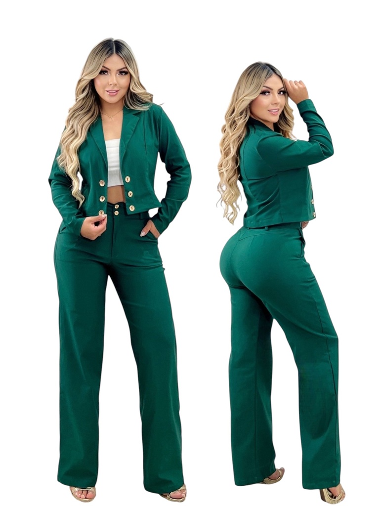[3772448S] Conjunto de 2 Piezas Blazer y Pantalón Ancho Verde Esmeralda para Mujer 244-8 (S)