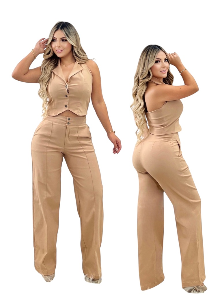 [37724911S] Conjunto Chaleco Halter y Pantalón Bota Ancha – Camel (S)